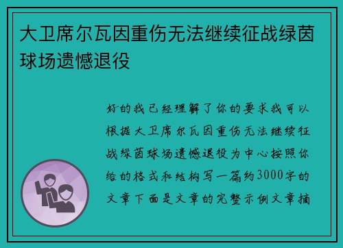 大卫席尔瓦因重伤无法继续征战绿茵球场遗憾退役