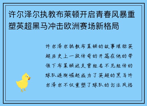 许尔泽尔执教布莱顿开启青春风暴重塑英超黑马冲击欧洲赛场新格局