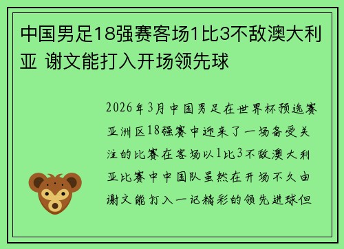 中国男足18强赛客场1比3不敌澳大利亚 谢文能打入开场领先球 中国男足18强赛客场1比3不敌澳大利亚 谢文能打入开场领先球