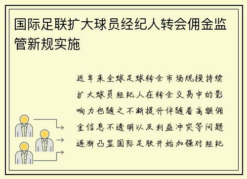 国际足联扩大球员经纪人转会佣金监管新规实施 国际足联扩大球员经纪人转会佣金监管新规实施
