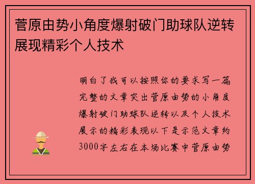 菅原由势小角度爆射破门助球队逆转展现精彩个人技术 菅原由势小角度爆射破门助球队逆转展现精彩个人技术