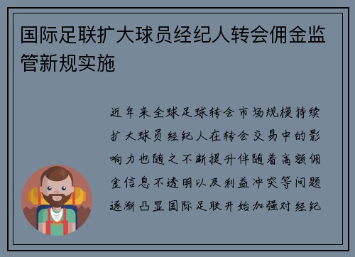 国际足联扩大球员经纪人转会佣金监管新规实施 国际足联扩大球员经纪人转会佣金监管新规实施